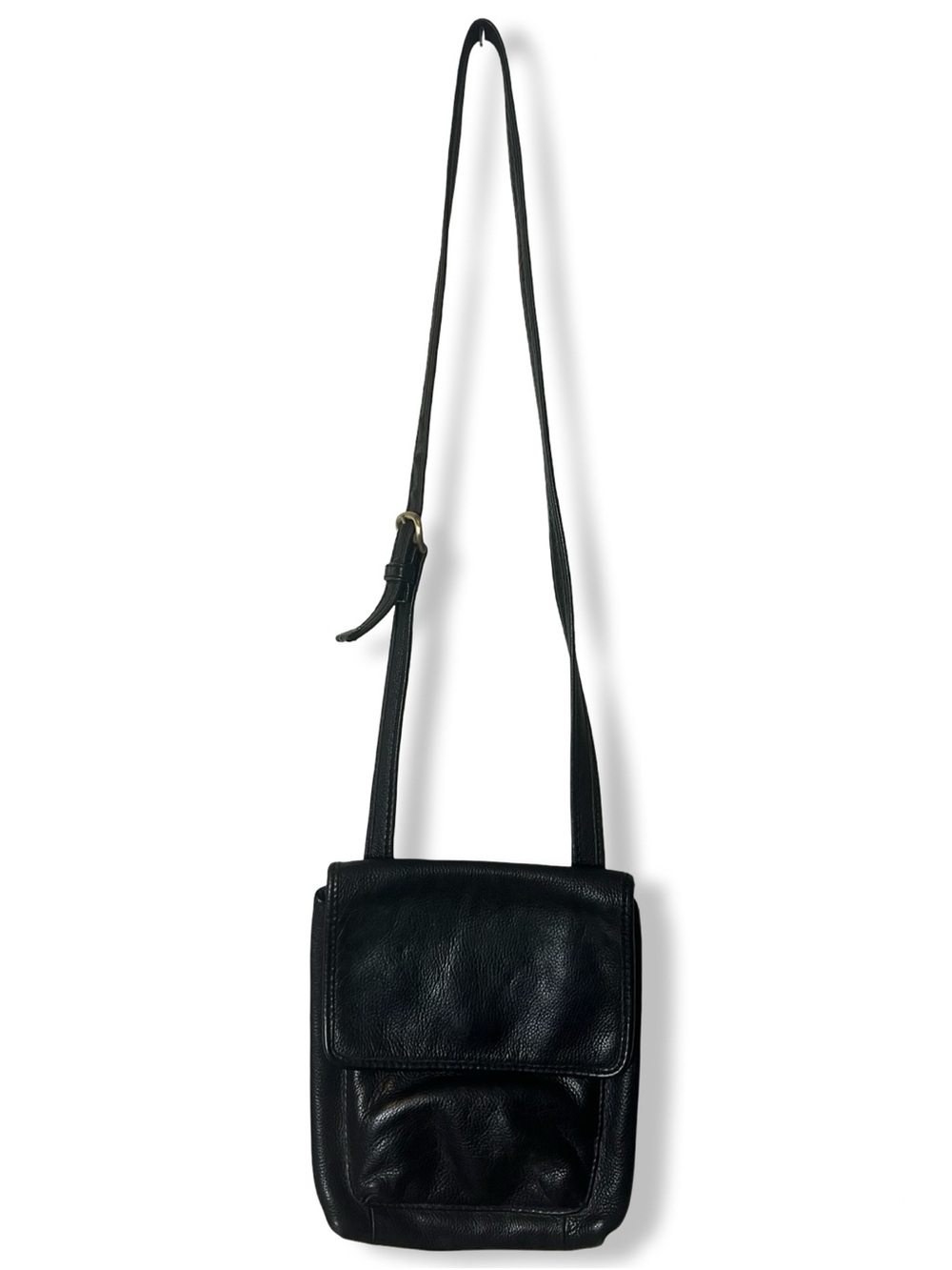 Fossil Vintage 90s Black Pebbled Leather Crossbody Bag Flap Pocket Style 75082